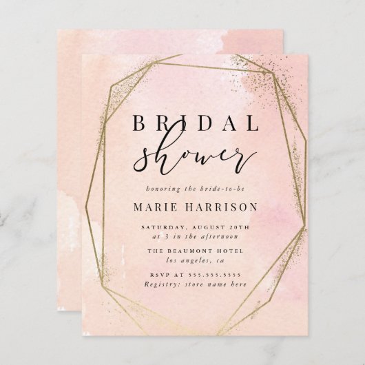 予算金ゴールド幾何学的赤面ピンクブライダルシャワー (正面/裏面)