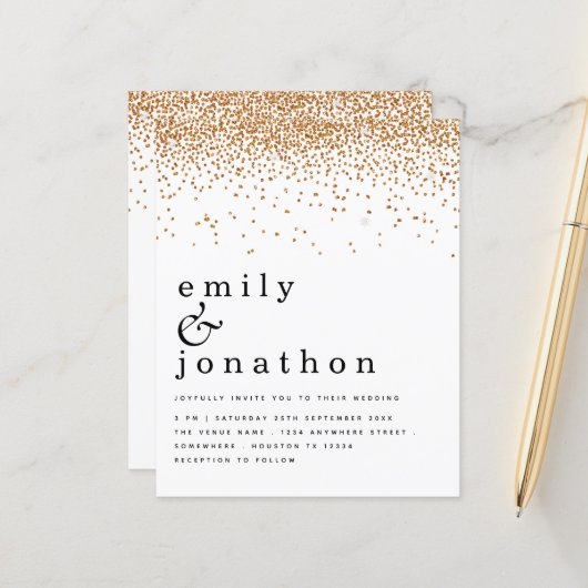 予算金ゴールド紙吹雪グリッター結婚式招待状 (正面/裏面インサイチュ)