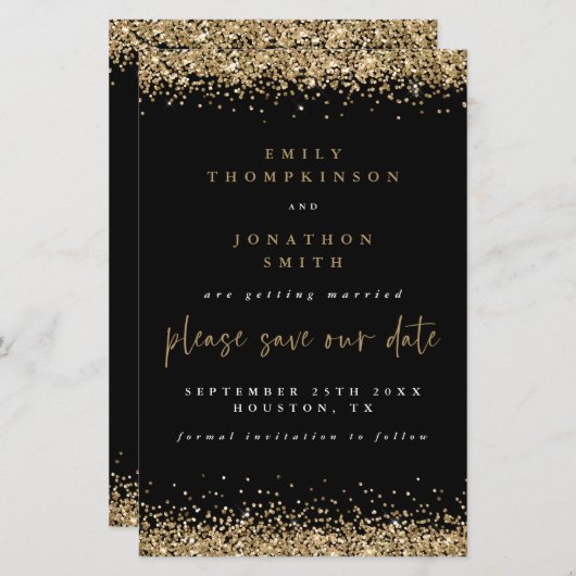 予算金ゴールド結婚グリッターの黒日付の保存 (正面/裏面)