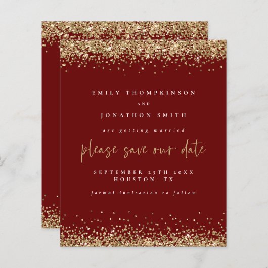 予算金ゴールド結婚グリッターのBurgundy日付の保存 (正面/裏面)