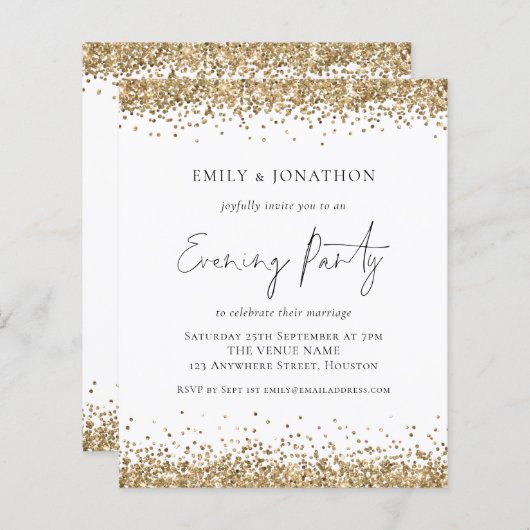 予算金ゴールド結婚グリッター夕べ招待状 (正面/裏面)