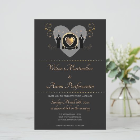 予算金ゴールド結婚ハートのLGBTQ結婚式招待状 (スタンド正面)