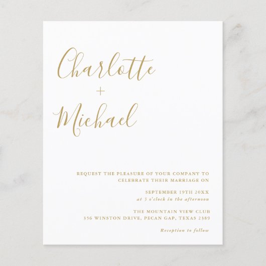 予算金ゴールド署名スクリプト結婚式招待状 (正面)