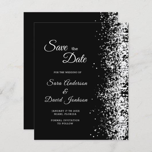 予算黒番グリッター日付の保存招待状 (正面/裏面)