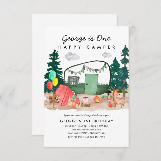 予算1ハッピーキャンパーウッズキャンピング1st誕生日 ノートカード (正面/裏面)