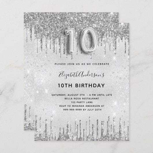 予算10th誕生日シルバーグリッター招待 (正面/裏面)
