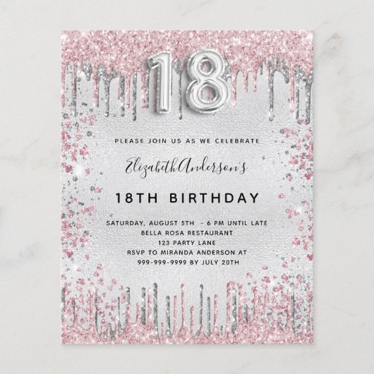 予算18th誕生日シルバーピンクの招待状 (正面)