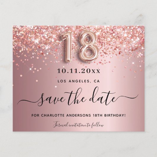 予算18th誕生日赤面ピンク日付を保存 (正面)