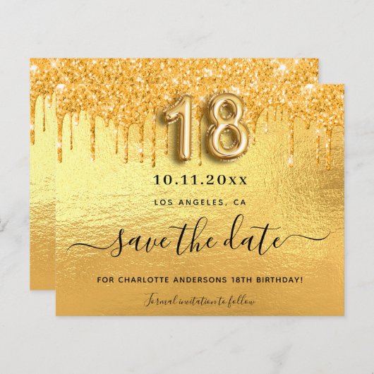 予算18th誕生日金ゴールドグリッター日付を保存 (正面/裏面)