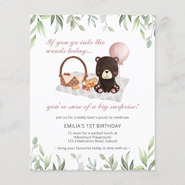 予算1st誕生日テディベアピクニックピンク (正面)