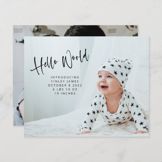 予算2枚の写真こんにちは生まれたばかりの誕生のお知らせ (正面/裏面)
