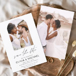 予算2枚の写真シンプル写真日付の保存 チラシ<br><div class="desc">予算カスタムの結婚式招待状と写真パーソナライズされたはフロントとバックにエレガントしモダン、日付の保存の写真 – 特別な結婚式の日のお祝いのための美しくエレガントスクリプトタイポグラフィを含む。</div>