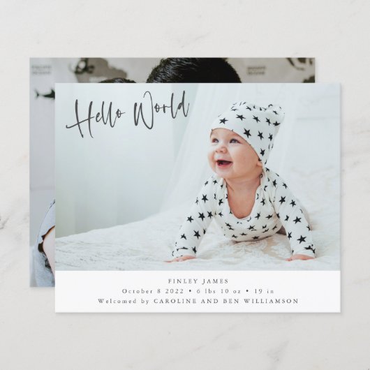 予算2枚の写真Hello World Birth Announcement (正面/裏面)