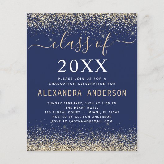 予算2023卒業金ゴールドネイビーブルー招待状 チラシ (正面)