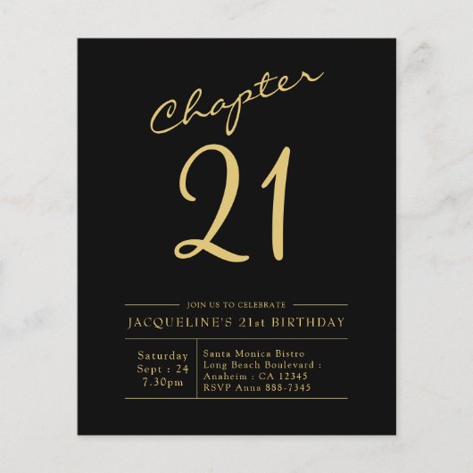 予算21st誕生日招待状ブラック金ゴールド チラシ (正面)