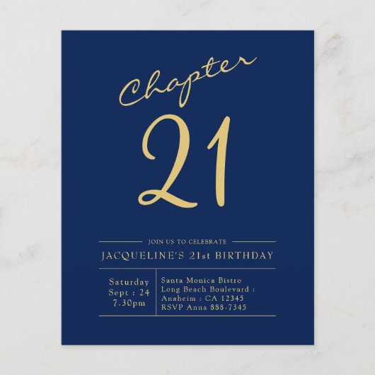 予算21st誕生日招待状ブルー金ゴールド チラシ (正面)