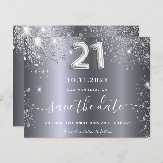 予算21th誕生日シルバーグリッター日付を保存 (正面/裏面)