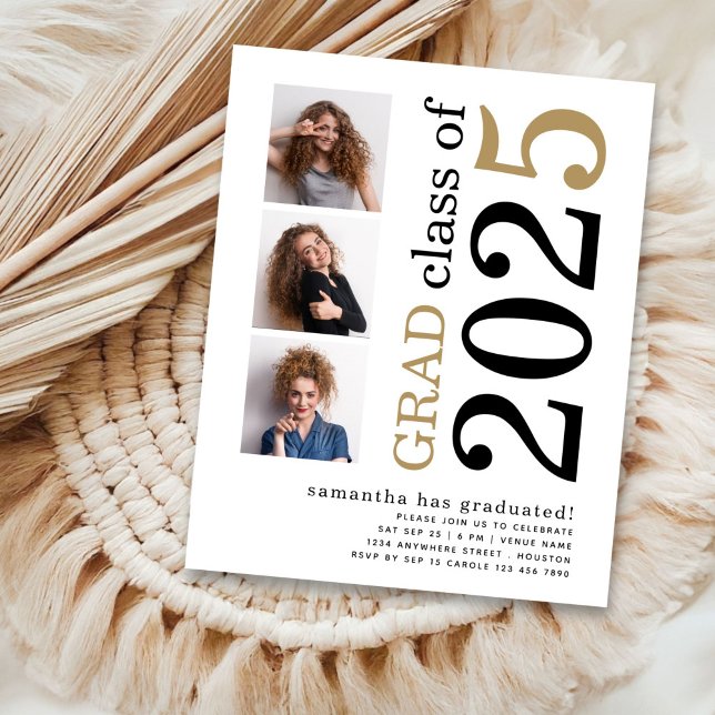 予算3フォトブラック金ゴールド2025卒業招待状 (front view)