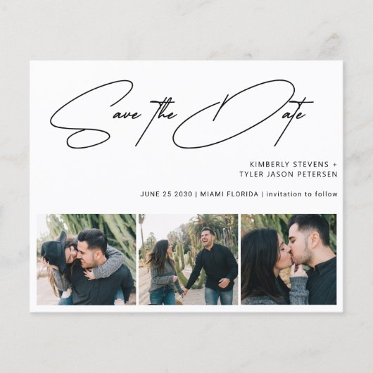 予算3枚の写真モダン結婚式の日付を保存 チラシ (正面)