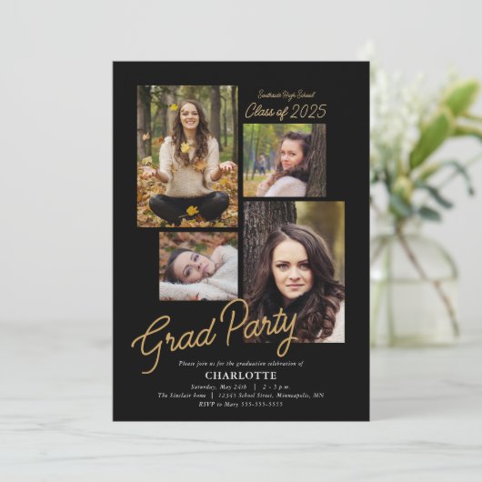 予算4フォトコラージュ黒人卒業パーティー 招待状 (スタンド正面)