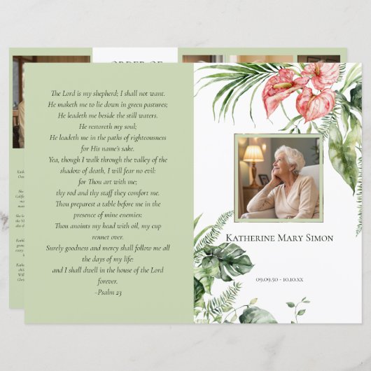 予算4ページの緑の葬儀プログラムの写真レイアウト (正面/裏面)