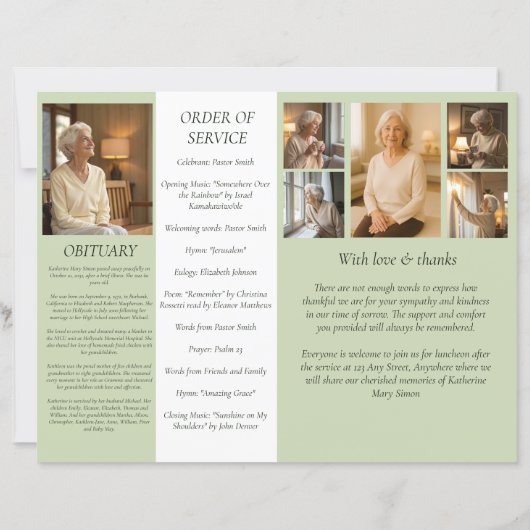 予算4ページの緑の葬儀プログラムの写真レイアウト (裏面)