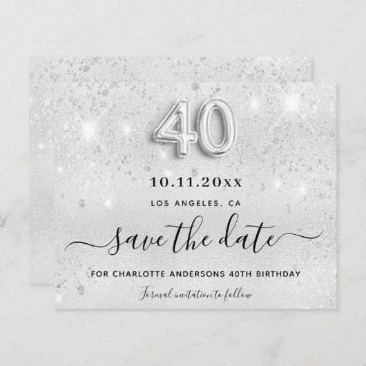 予算40th誕生日シルバーグリッター日付を保存 (正面/裏面)