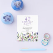 予算40th誕生日パープルフローラ招待状 チラシ (シングル)