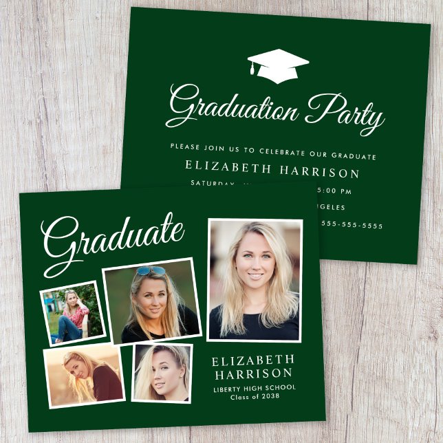 予算5フォトグリーン卒業パーティー招待状 (A personalized photo graduation party invitation to celebrate the graduate's achievements)