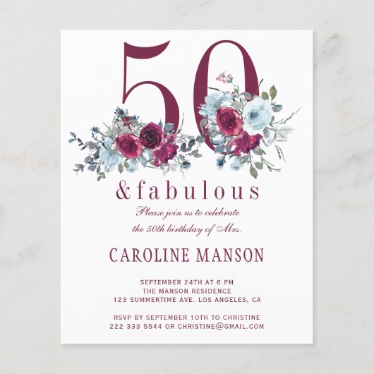 予算50と素晴らしいフローラ誕生日の招待状 チラシ (正面)