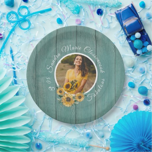 予算50と素晴らしい |ひまわりティール(緑がかった色)誕生日 ペーパープレート (パーティー)