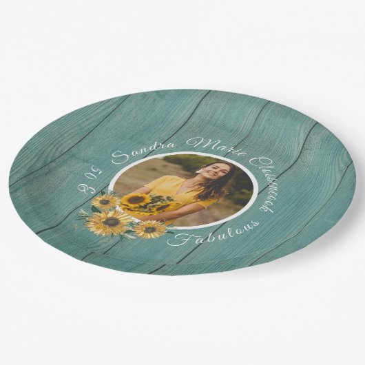 予算50と素晴らしい |ひまわりティール（緑がかった色）誕生日 ペーパープレート (アングル)