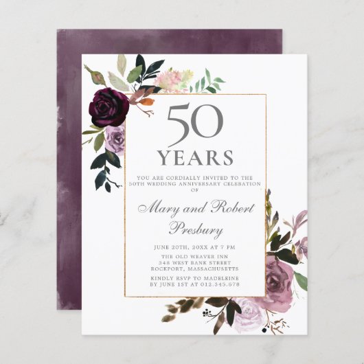 予算50周年記念招待状パープルピンクフローラ (正面/裏面)