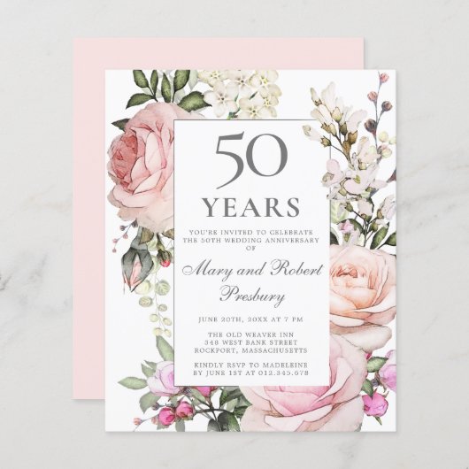 予算50周年記念招待状ピンクフローラ (正面/裏面)