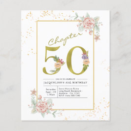 予算50番目の誕生日フローラ金ゴールドスクリプト招待状 チラシ