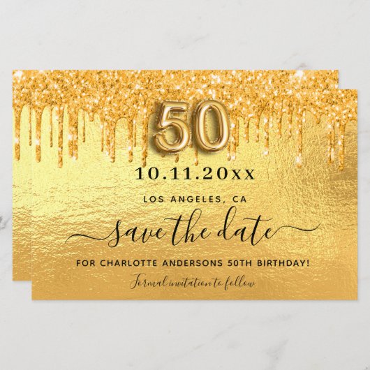 予算50th誕生日金ゴールドグリッター日付を保存 (正面/裏面)