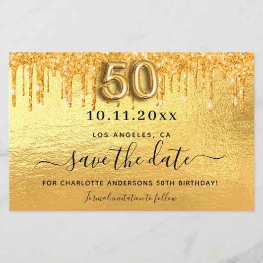 予算50th誕生日金ゴールドグリッター日付を保存 (正面)