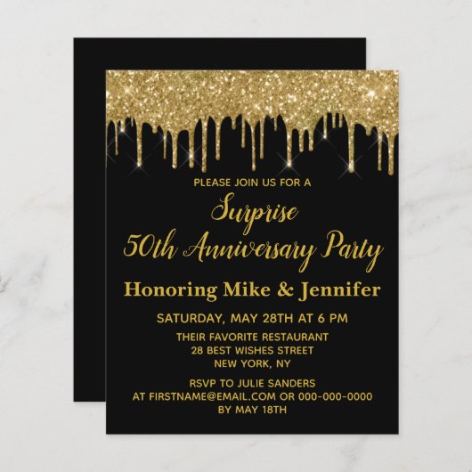 予算50th金ゴールド驚きの記念日招待状 (正面/裏面)