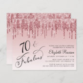 予算70th誕生日グリッターバラ金ゴールドピンク招待状 (正面/裏面)