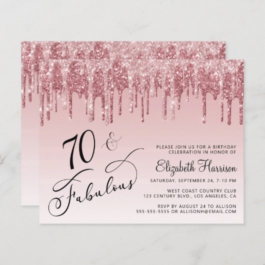 予算70th誕生日グリッターバラ金ゴールドピンク招待状 (正面/裏面)