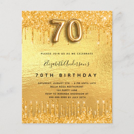予算70th誕生日パーティー金ゴールドグリッター招待 (正面)