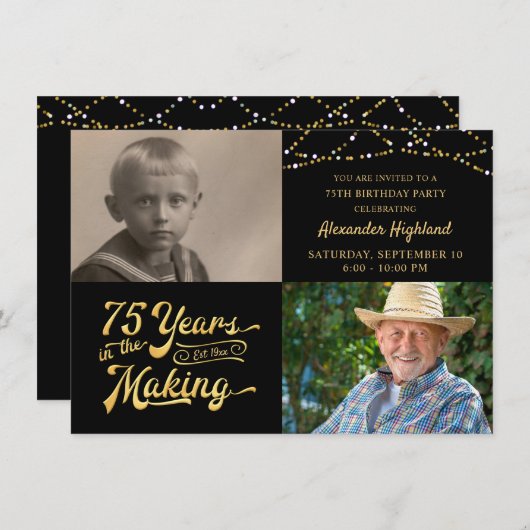 予算75th誕生日2写真レトロ招待状 招待状 (正面/裏面)