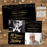 予算80th誕生日レトロ2 Photos招待状 招待状<br><div class="desc">4.5x6.25インチ軽量110 lbセミグロス紙に印刷された80thの誕生日の招待状フレンドリーは、デザイン内に彼または彼女の誕生年を組み込んだMAKINGで80年を発表するレトロな金ゴールドタイポグラフィデザインを搭載したカードストックの代わりに、2つの写真と背景色（黒で表示）。保守的な予算やゲストへの手配達に最適。アシスタンス：救済デザインの変更やカスタマイズ、色の変更や別の製品へのデザインの転送に関しては、下のZazzleチャットメッセージタブを介してデザイザBEFORE ORDERINGまたは電子メールmakeitaboutyoustore@gmail.comを介して。</div>