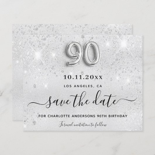 予算90th誕生日シルバーグリッター日付を保存 (正面/裏面)