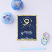 予算90th誕生日 – 海軍金ゴールド任意の年の招待状 チラシ (シングル)