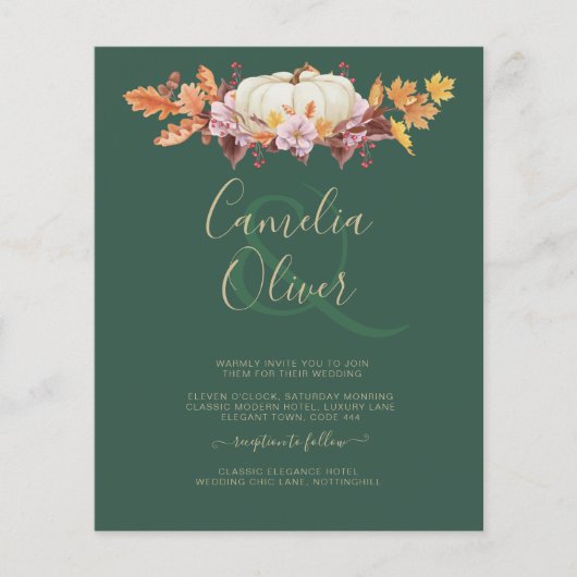 予算 オールインワン 秋のカボチャ 緑と金 ウェディング チラシ (正面)