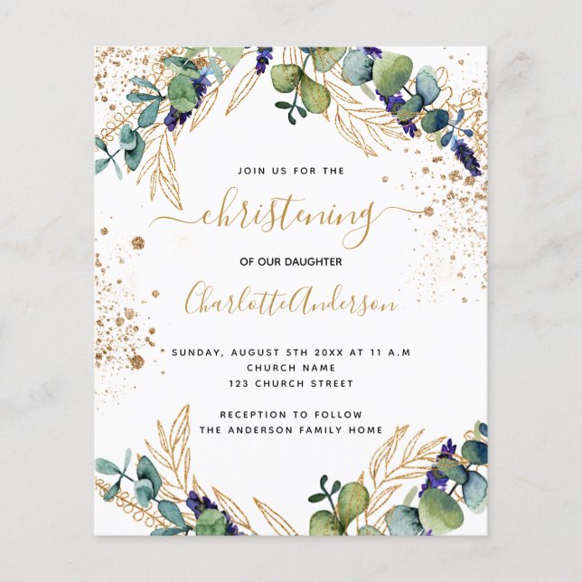 予算《キリスト教》洗礼式や命名式ユーカリの緑の招待状 (正面)