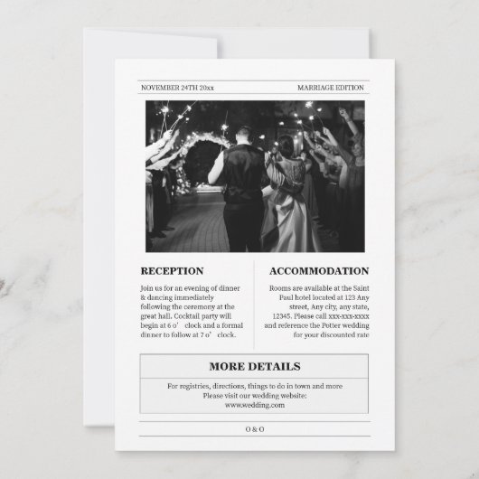 予算、タイムラおもしろいイン、新聞結婚の 招待状 (裏面)