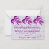 予算。フローラ、明るい赤紫色チューリップたった今結婚しました ノートカード (裏面)