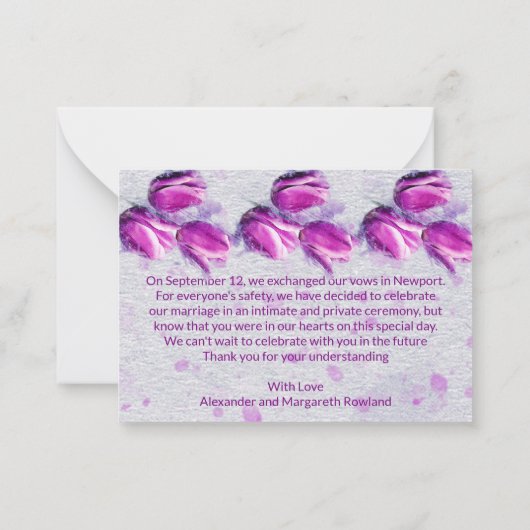予算。フローラ、明るい赤紫色チューリップたった今結婚しました ノートカード (裏面)